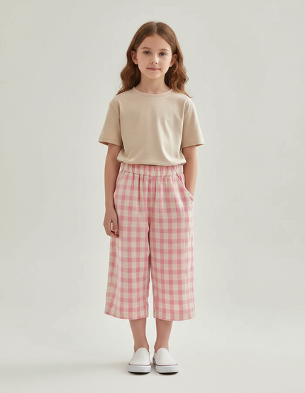 Pantalon Fluide Rose Carreaux Ample Coton Enfant