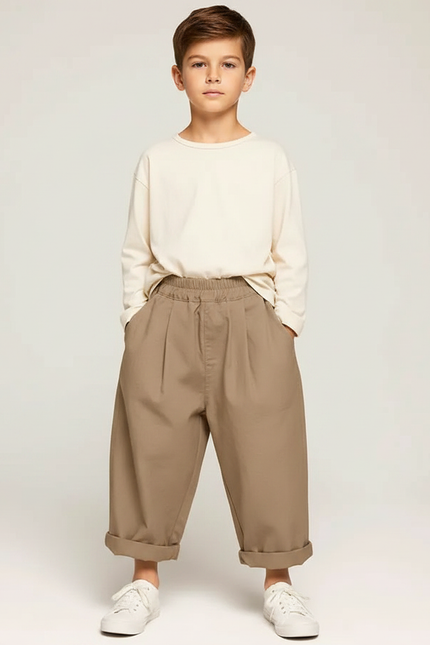 Pantalon Fluide Kaki Ample Coton Enfant Décontracté