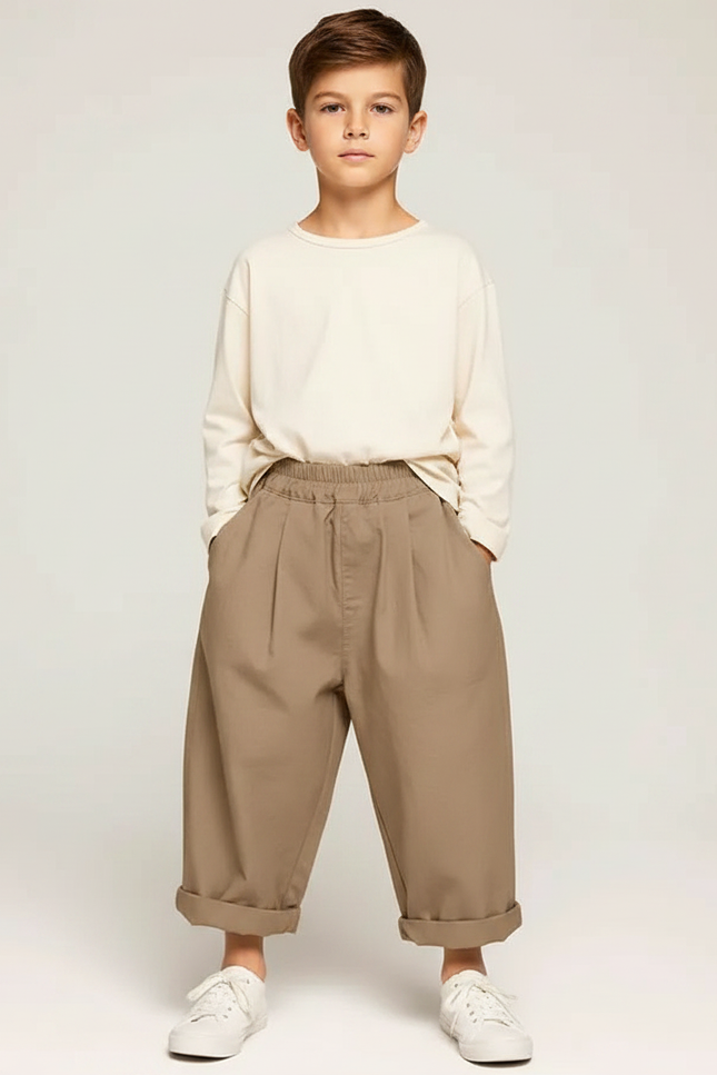 Pantalon Fluide Kaki Ample Coton Enfant Décontracté