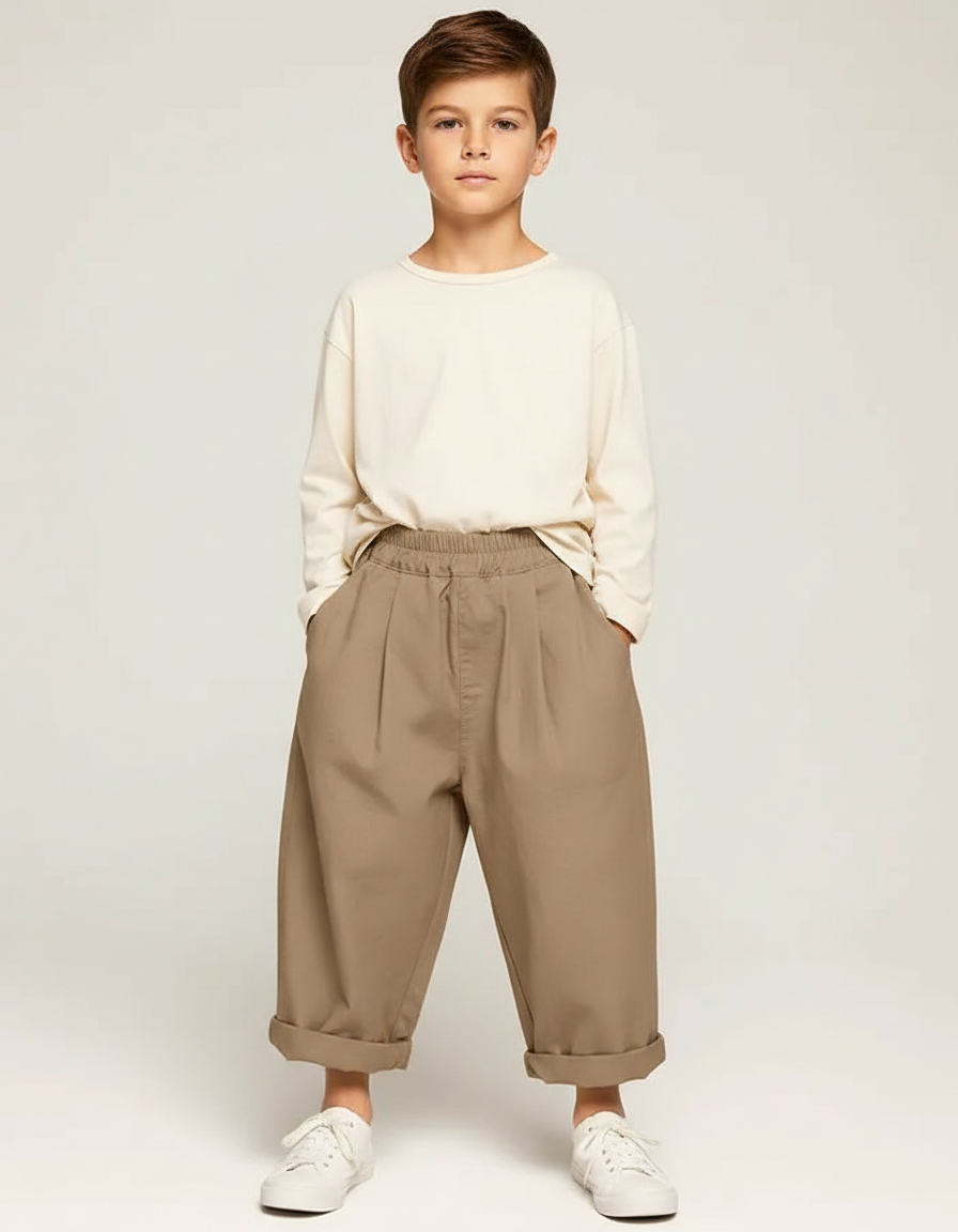 Pantalon Fluide Kaki Ample Coton Enfant Décontracté