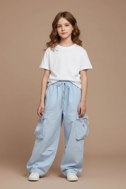 Pantalon Fluide Cargo Coton Bleu Brodé Ample Fille