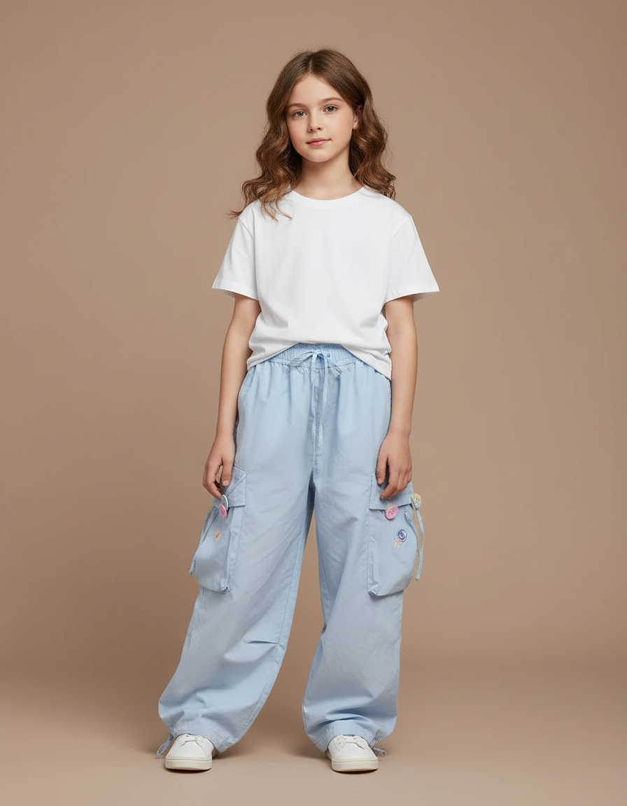 Pantalon Fluide Cargo Coton Bleu Brodé Ample Fille