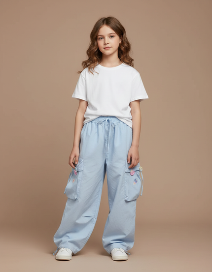 Pantalon Fluide Cargo Coton Bleu Brodé Ample Fille