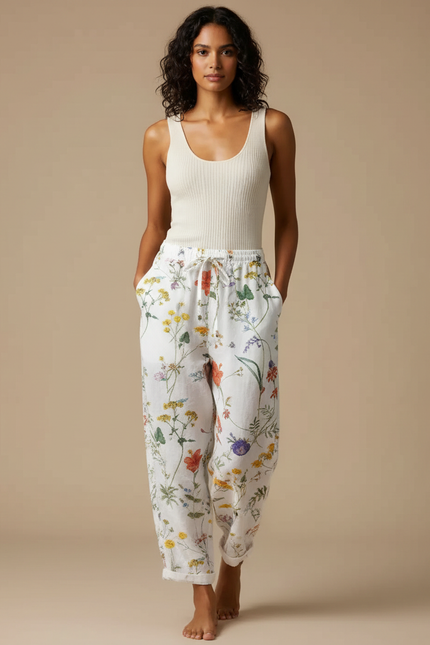 Pantalon Fluide Blanc Imprimé Floral Ample Estival - Lin