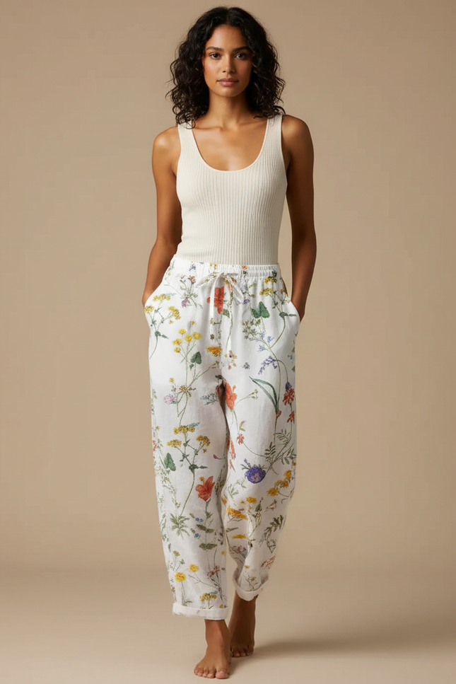 Pantalon Fluide Blanc Imprimé Floral Ample Estival - Lin