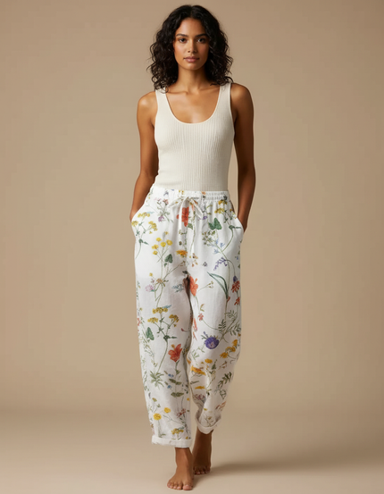 Pantalon Fluide Blanc Imprimé Floral Ample Estival - Lin