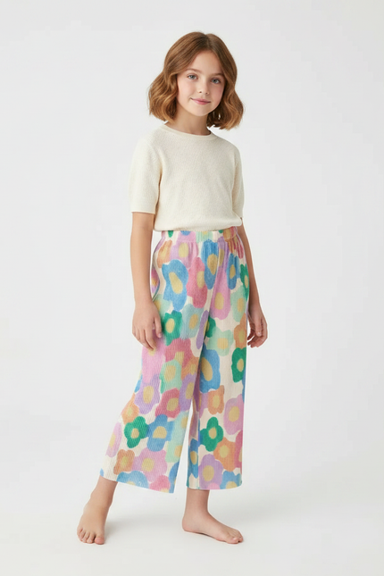 Pantalon Fluide Plissé Fleuri Ample Fille Coloré - Multicolore Polyester