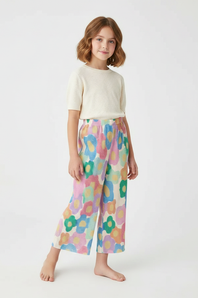 Pantalon Fluide Plissé Fleuri Ample Fille Coloré - Multicolore Polyester
