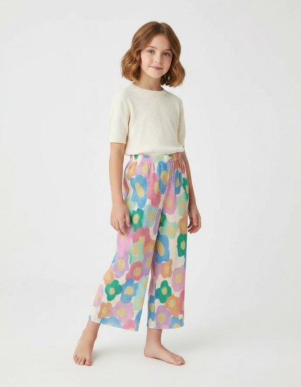 Pantalon Fluide Plissé Fleuri Ample Fille Coloré - Multicolore Polyester
