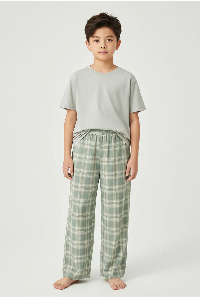 Pantalon Fluide Carreaux Vert Ample Décontracté Enfant - Viscose