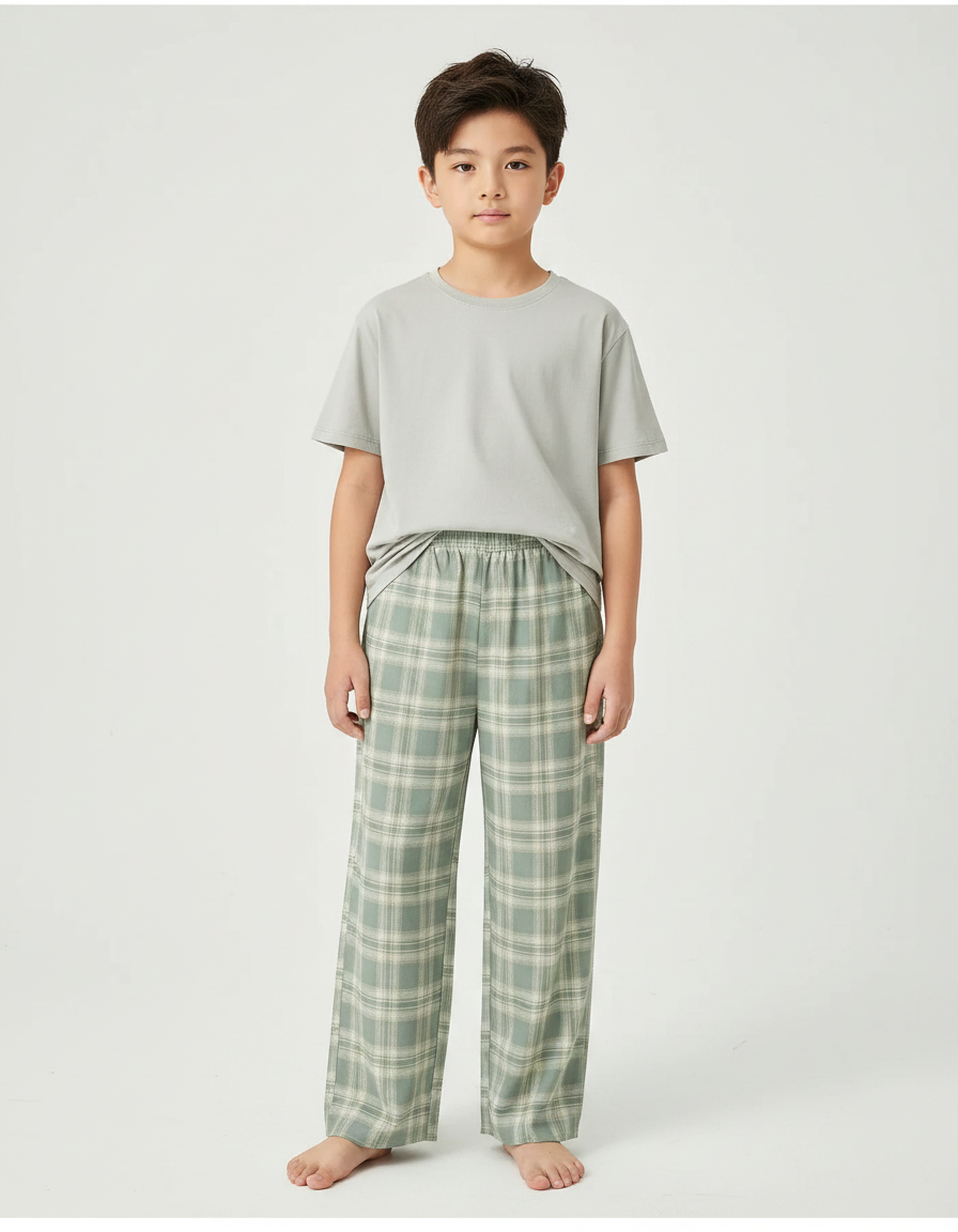 Pantalon Fluide Carreaux Vert Ample Décontracté Enfant - Viscose