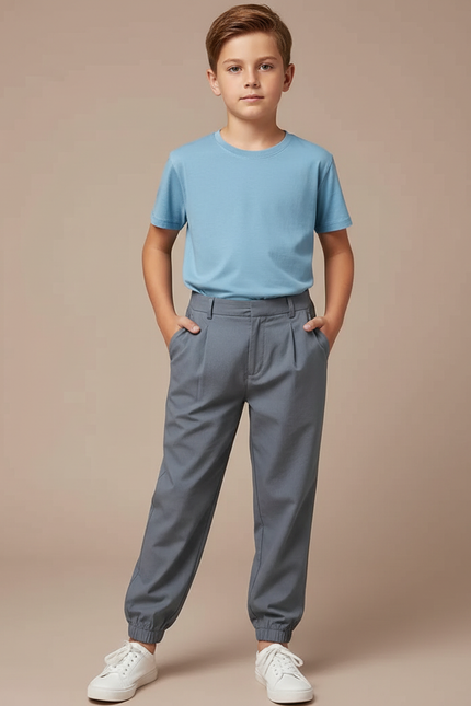 Pantalon Fluide Gris Coton Décontracté Élastiqué Garçon