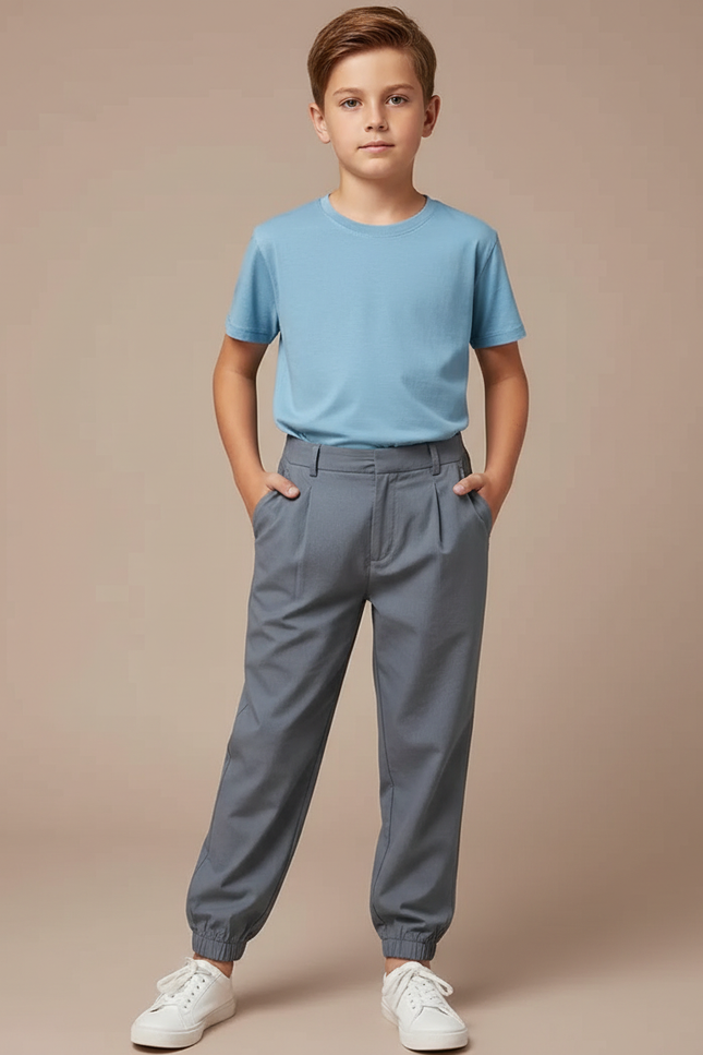 Pantalon Fluide Gris Coton Décontracté Élastiqué Garçon