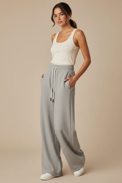 Pantalon Fluide Femme Gris Palazzo Coton - Molleton