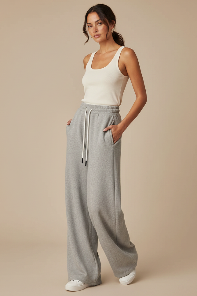Pantalon Fluide Femme Gris Palazzo Coton - Molleton