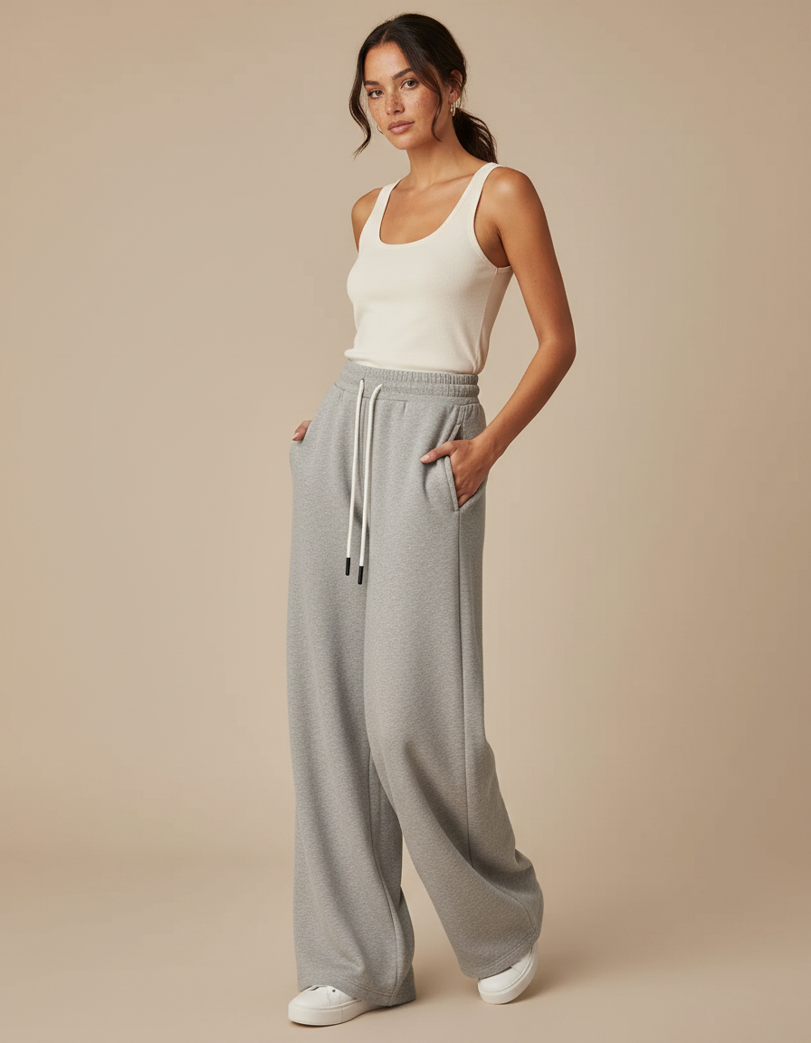 Pantalon Fluide Femme Gris Palazzo Coton - Molleton