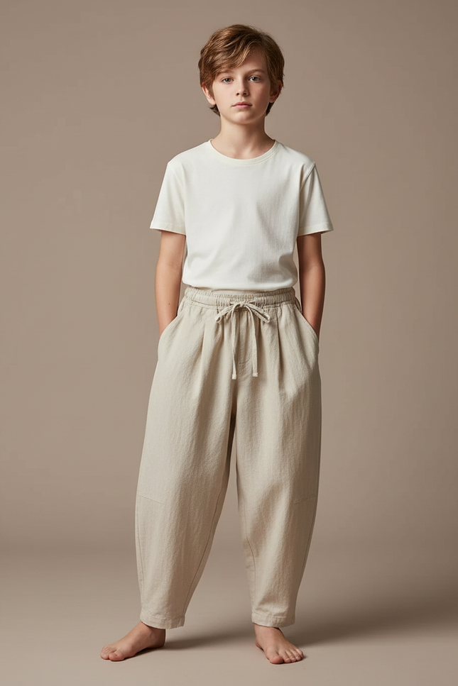 Pantalon Fluide Beige Coton Lin Ample Garçon