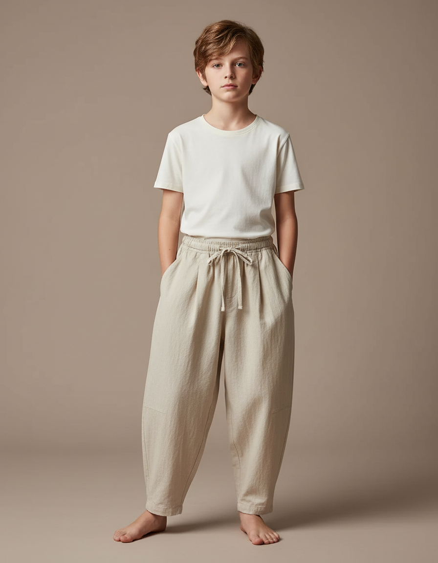 Pantalon Fluide Beige Coton Lin Ample Garçon