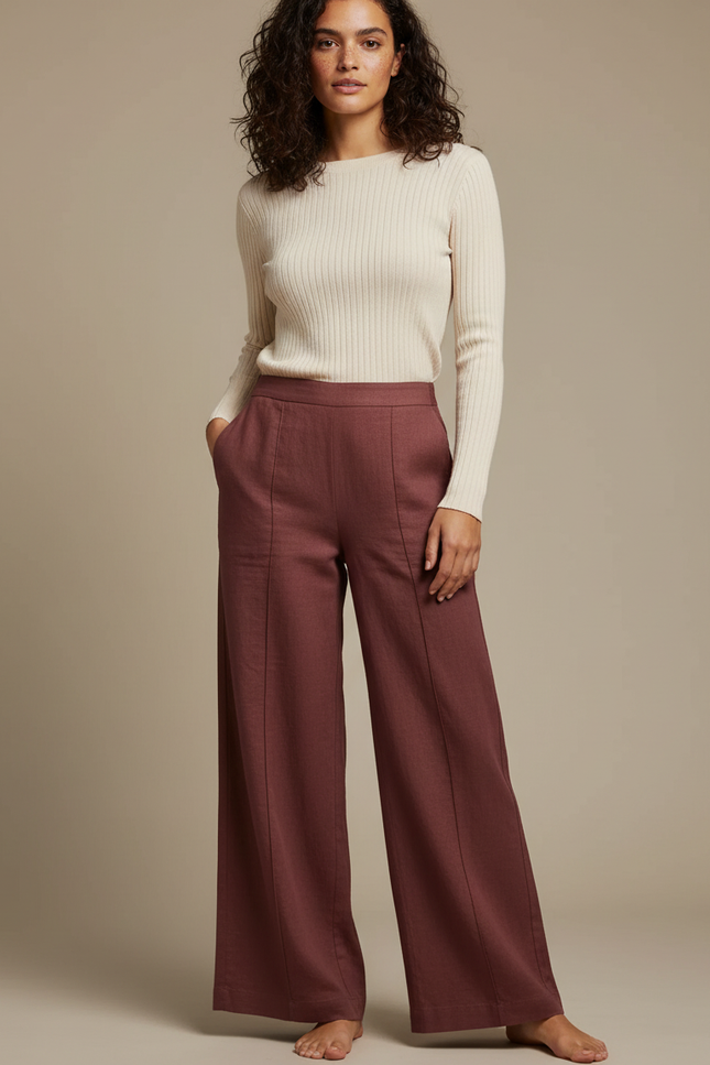 Pantalon Fluide Brique Large Lin Chic Femme - Bordeaux