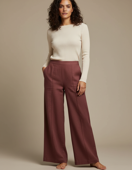 Pantalon Fluide Brique Large Lin Chic Femme - Bordeaux