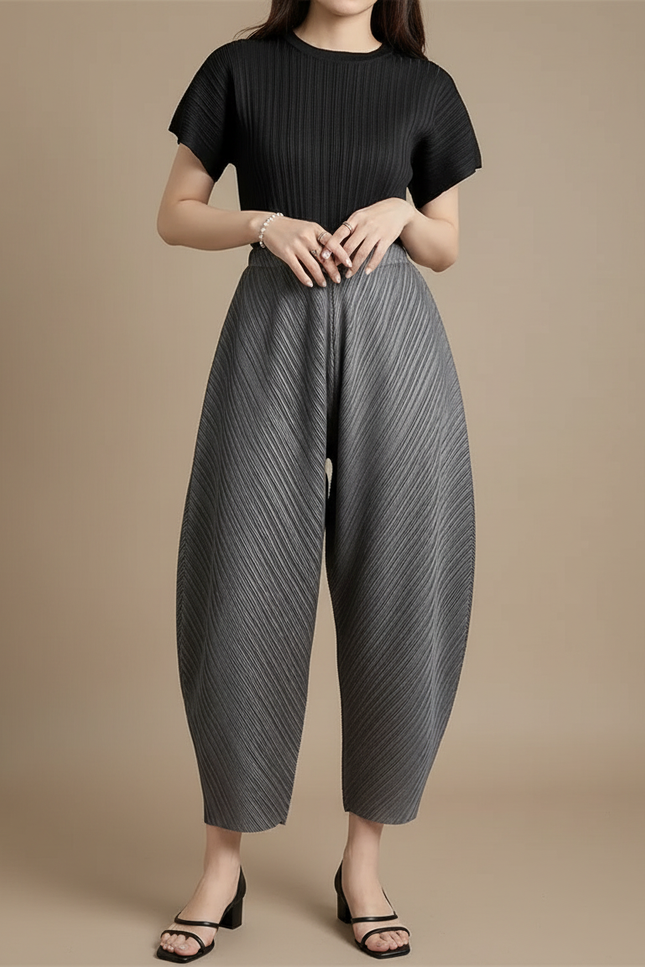 Pantalon Fluide Plissé Gris Ample Décontracté Confortable - Polyester