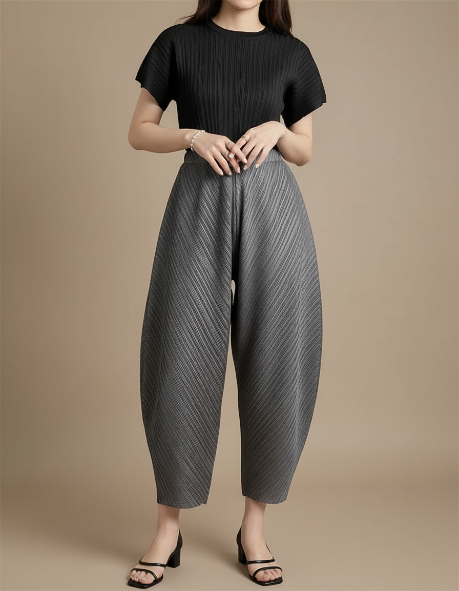 Pantalon Fluide Plissé Gris Ample Décontracté Confortable - Polyester