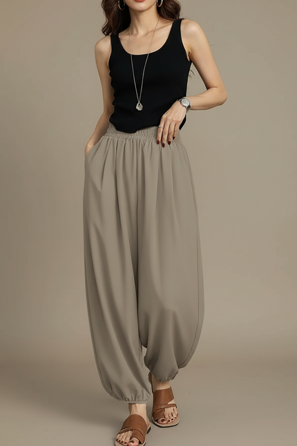 Pantalon Fluide Harem Ample Confortable Gris Décontracté - Polyester