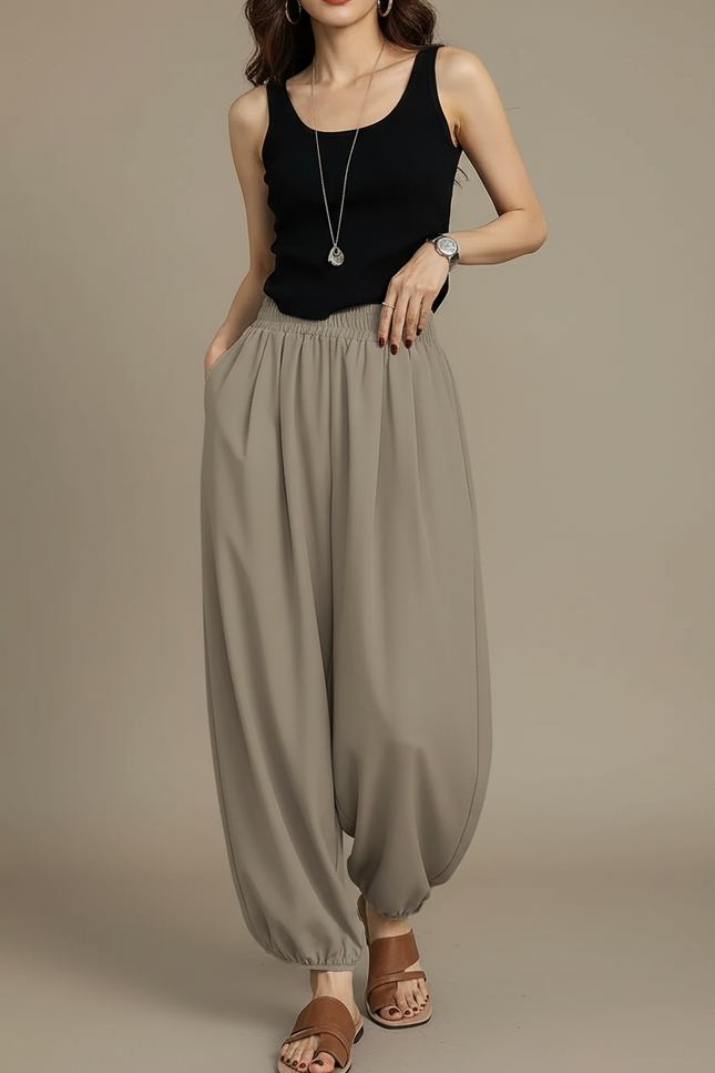 Pantalon Fluide Harem Ample Confortable Gris Décontracté - Polyester