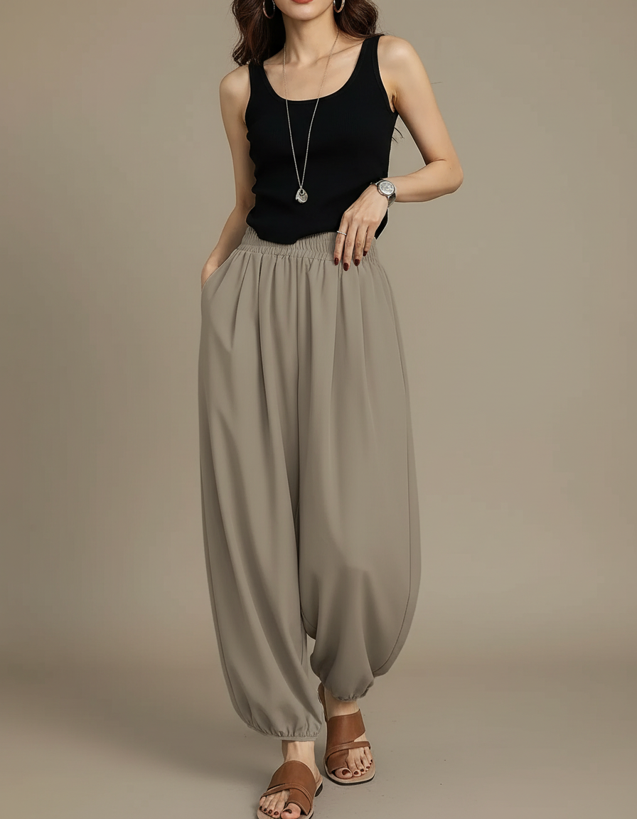 Pantalon Fluide Harem Ample Confortable Gris Décontracté - Polyester