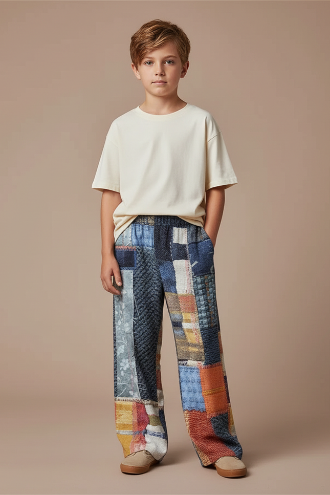 Pantalon Fluide Patchwork Multicolore Ample Décontracté Garçon - Tweed