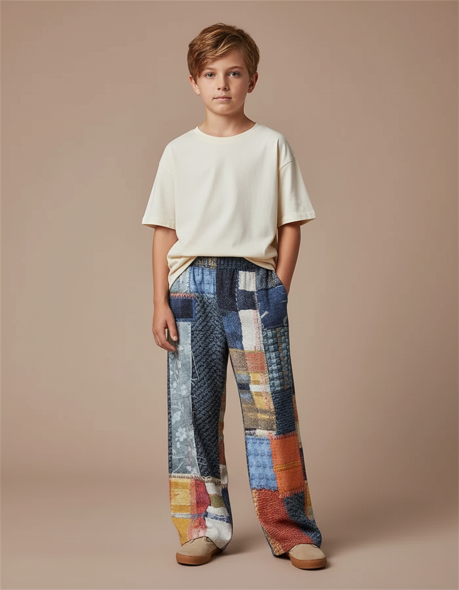 Pantalon Fluide Patchwork Multicolore Ample Décontracté Garçon - Tweed