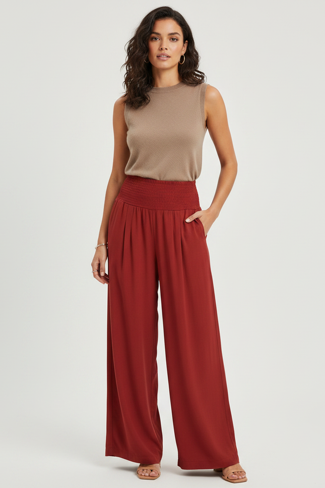 Pantalon Fluide Rouge Ample Confortable Smocké Élégant - Viscose