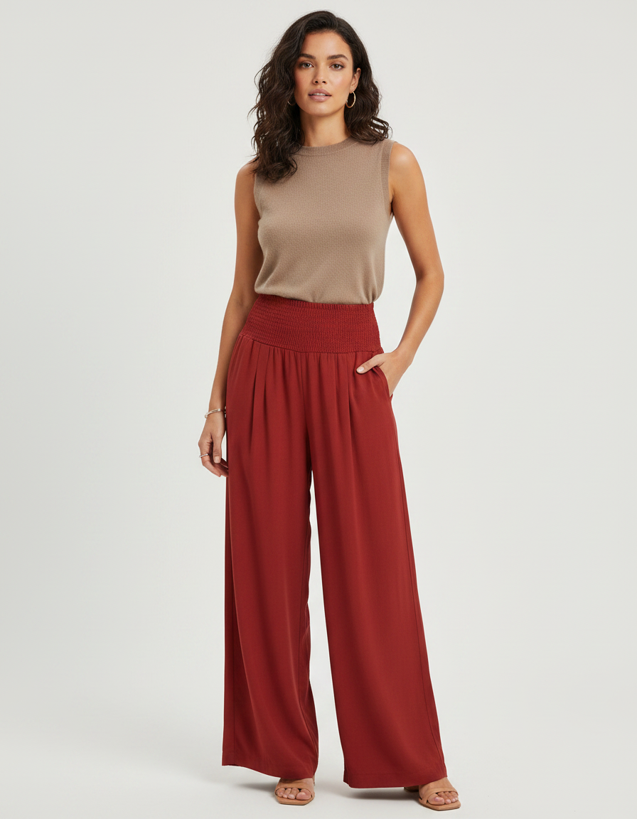 Pantalon Fluide Rouge Ample Confortable Smocké Élégant - Viscose