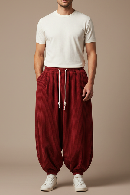 Pantalon Fluide Rouge Côtelé Ample Confortable Décontracté Homme - Bordeaux Cordé