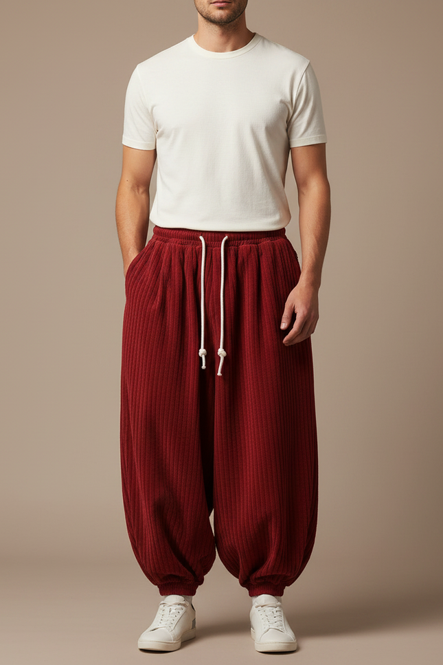 Pantalon Fluide Rouge Côtelé Ample Confortable Décontracté Homme - Bordeaux Cordé