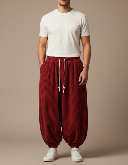 Pantalon Fluide Rouge Côtelé Ample Confortable Décontracté Homme - Bordeaux Cordé