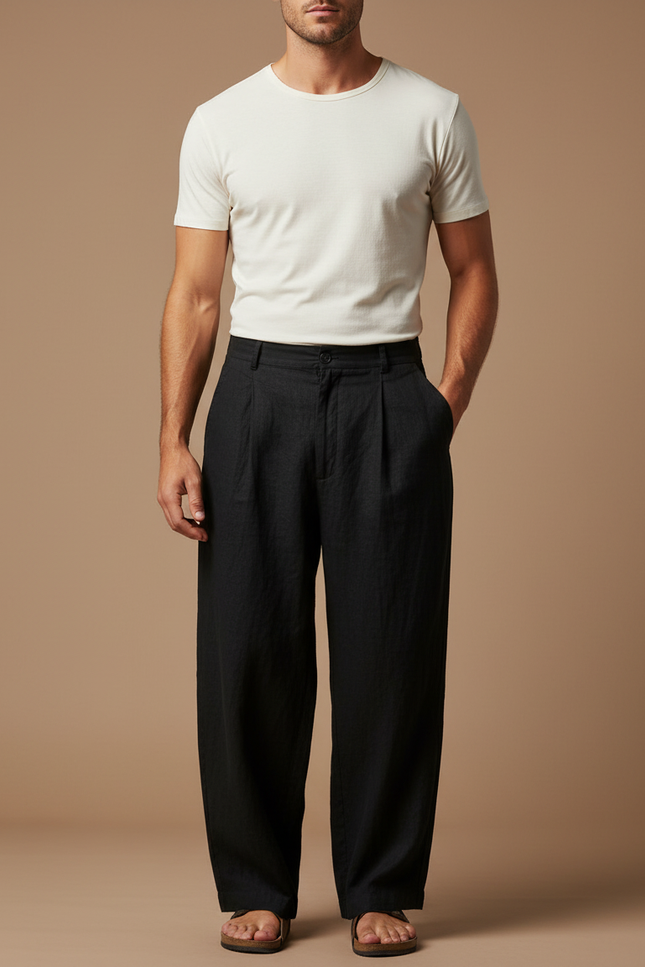 Pantalon Fluide Noir Ample Plissé Lin Homme Décontracté