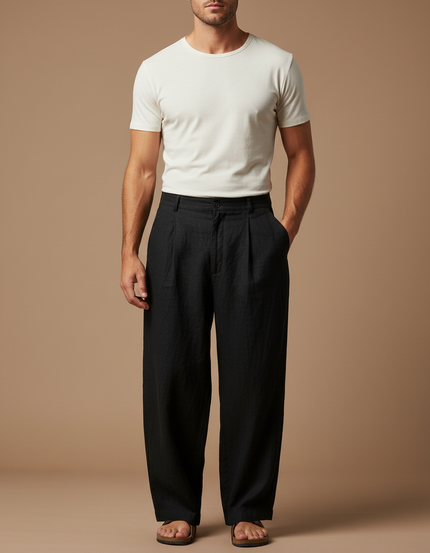 Pantalon Fluide Noir Ample Plissé Lin Homme Décontracté