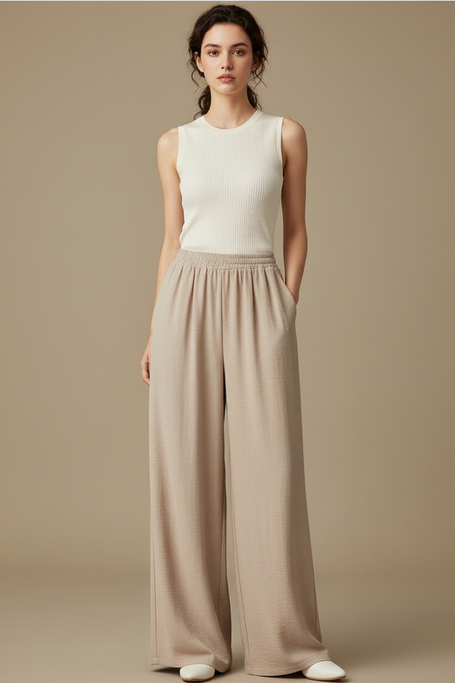 Pantalon Fluide Beige Large Taille Haute Plissé Chic - Polyester
