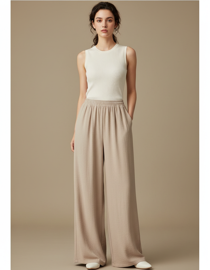 Pantalon Fluide Beige Large Taille Haute Plissé Chic - Polyester