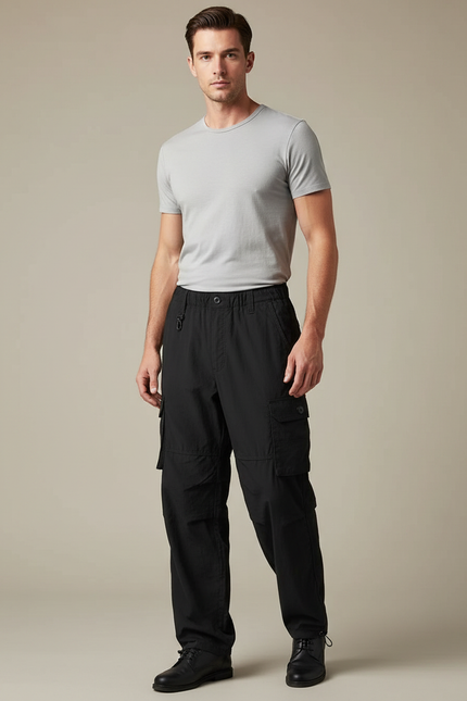 Pantalon Fluide Cargo Noir Ample Homme Décontracté - Coton