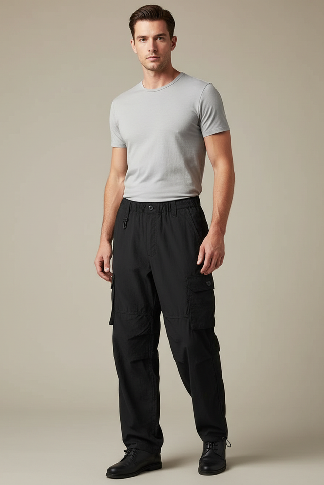 Pantalon Fluide Cargo Noir Ample Homme Décontracté - Coton
