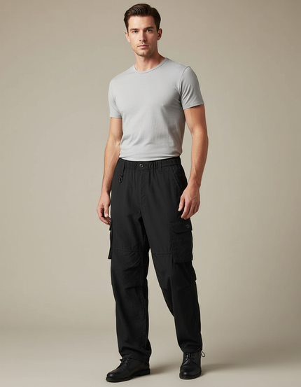 Pantalon Fluide Cargo Noir Ample Homme Décontracté - Coton
