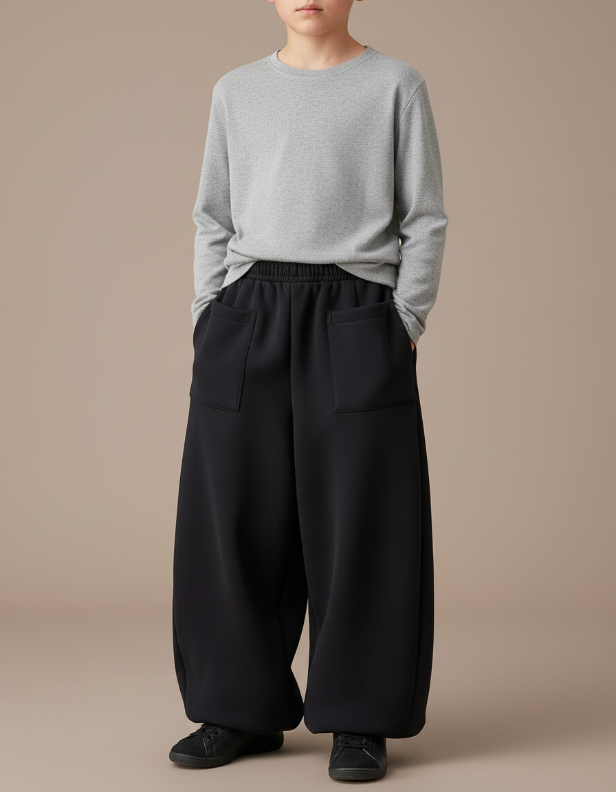 Pantalon Fluide Noir Ample Molleton Épais Enfant