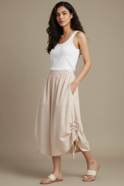 Pantalon Fluide Beige Coton Ample Décontracté Coréen