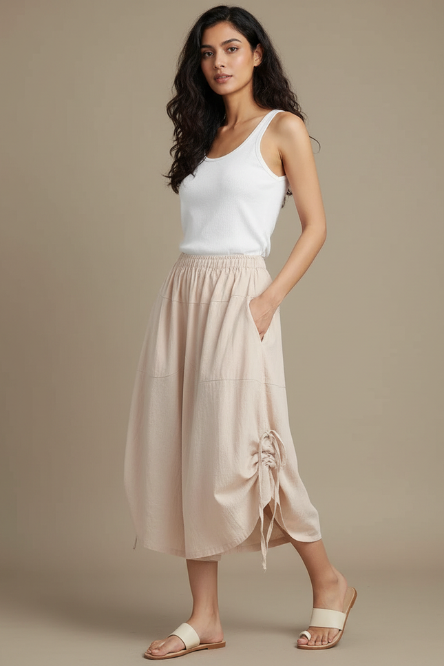 Pantalon Fluide Beige Coton Ample Décontracté Coréen