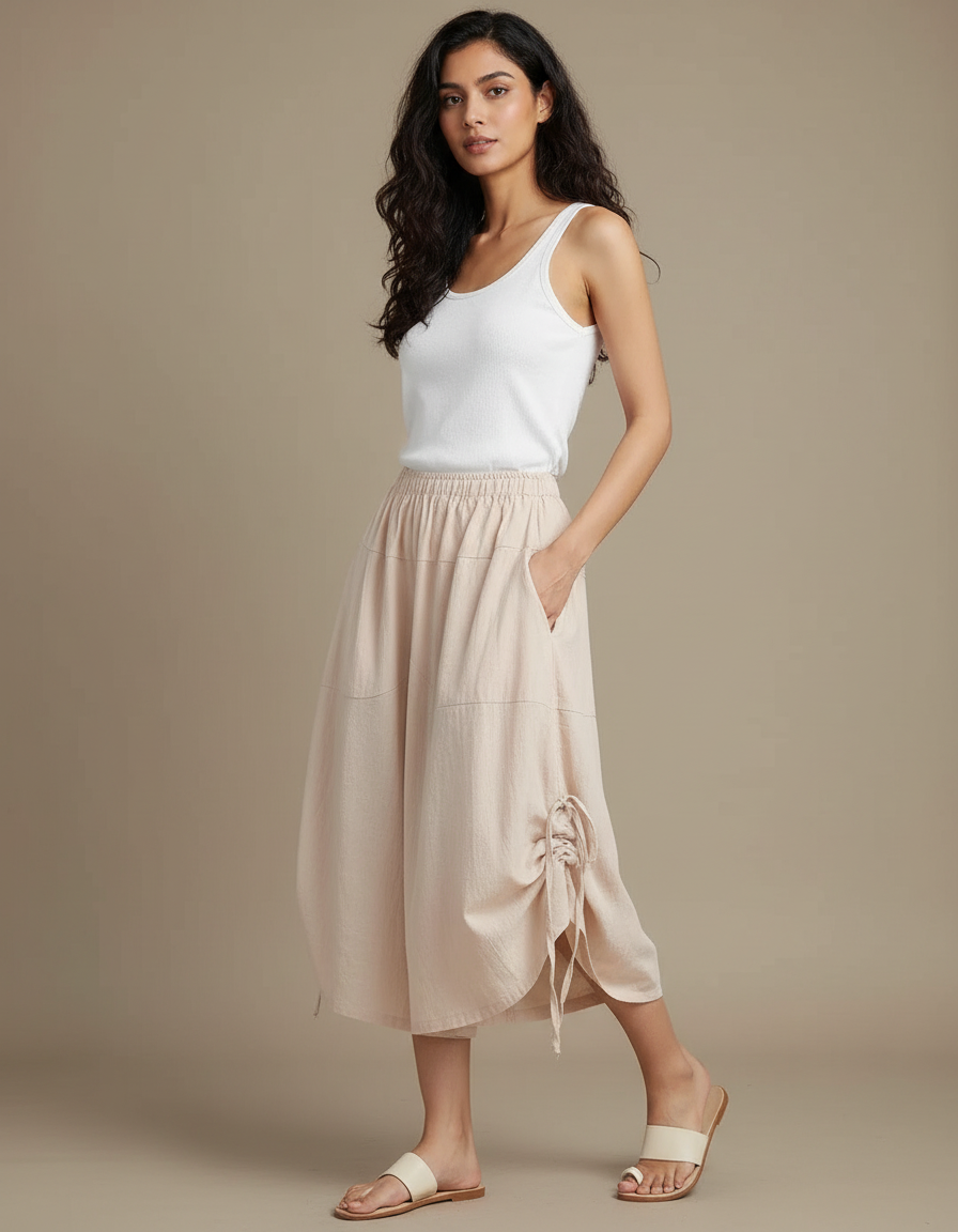Pantalon Fluide Beige Coton Ample Décontracté Coréen