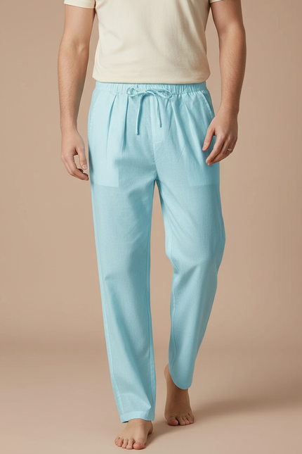 Pantalon Fluide Homme Bleu Ciel Lin Cordon Décontracté