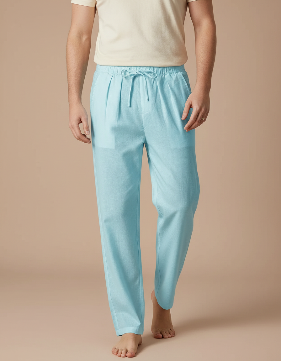 Pantalon Fluide Homme Bleu Ciel Lin Cordon Décontracté