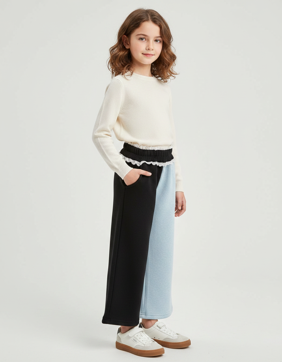 Pantalon Fluide Bicolore Noir Bleu Dentelle Enfant - Multicolore Molleton